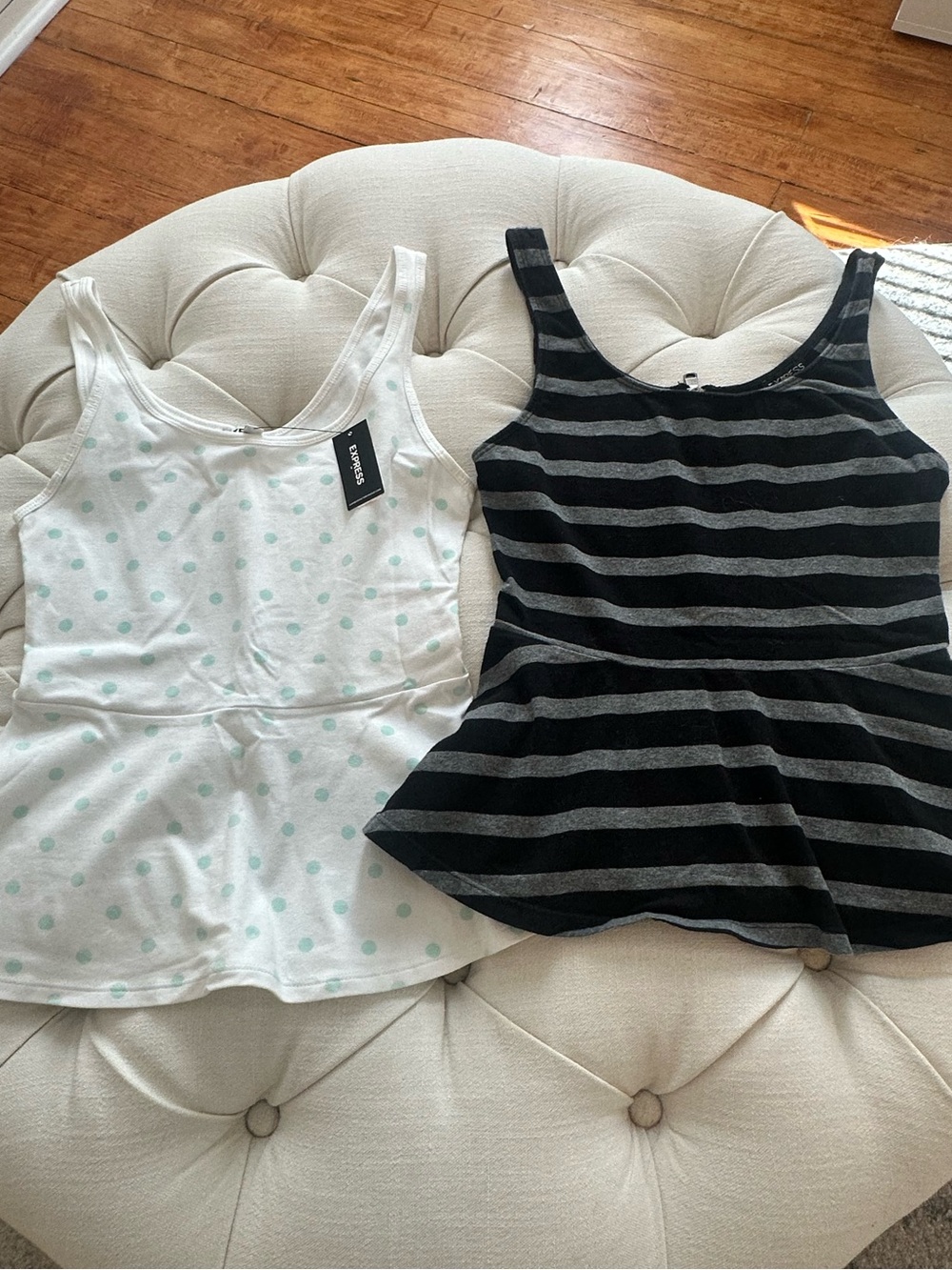 Express White Tank Top with Mint Polka Dots & Express Black Gray Striped Tank